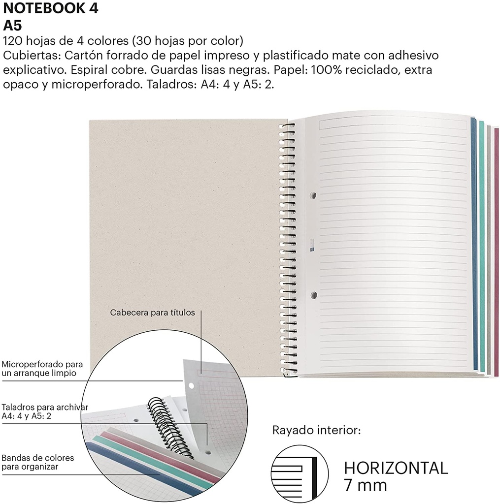 Cuaderno espiral 1L A5 80g 120h 2T T/D 4B Microperforado Garden Memories MR