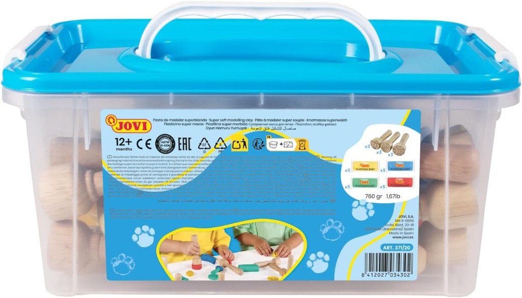Baúl con 20 Pastillas de 38g Colores Rojo, Verde, Azul y Amarillo + 9 Sellos de Madera Herramientas de modelaje Jovi +1a