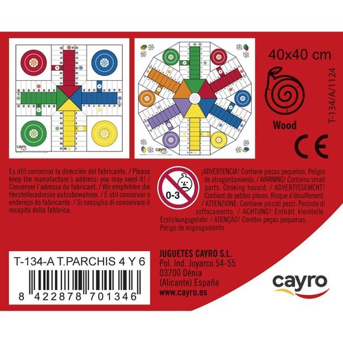 Tablero Parchís 4 a 6 jugadores con accesorios - Tablero de Madera - Juego de Mesa Familiar - Juego Tradicional - Duradero y Fácil de Transportar - Diversión Garantizada  Cayro