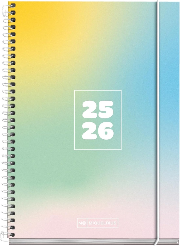 Agenda Escolar 25-26, Planificación 10 meses: de Septiembre 2025 a Junio 2026, Tamaño 117 x 174 mm, Día Página, Cubierta de Cartón Forrado, Espiral Metálico Blanco, Español-Inglés Miquelrius