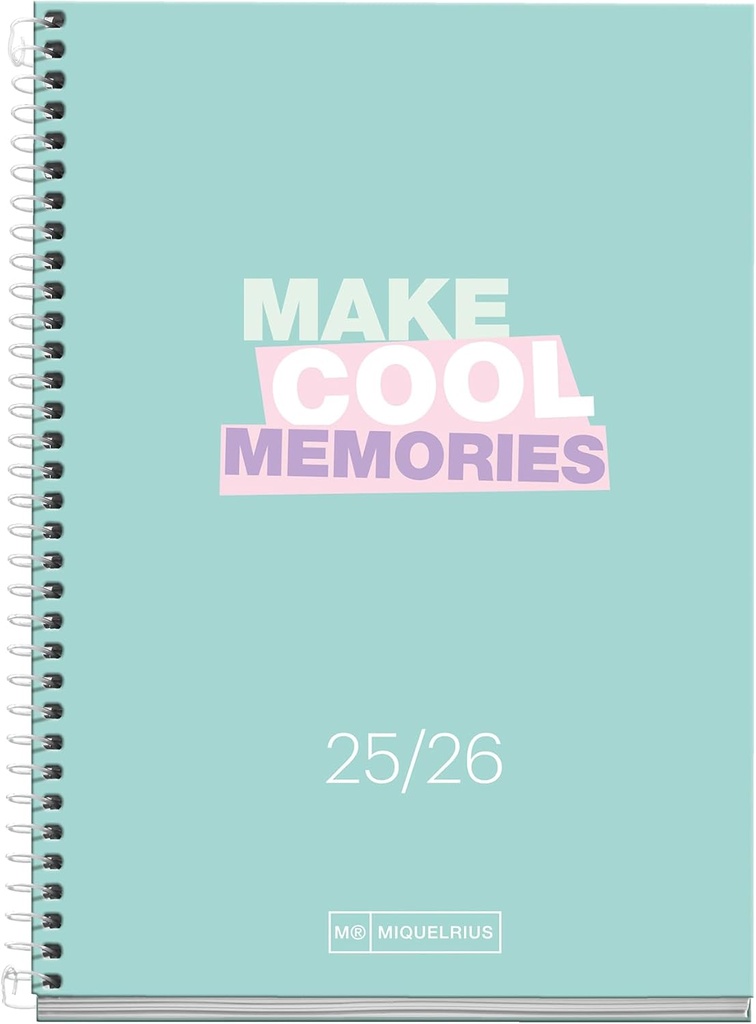 Agenda Escolar 25-26, Planificación 10 meses: de Septiembre 2025 a Junio 2026, Tamaño 117 x 174 mm, Semana Vista, Cubierta de Cartón Forrado, Espiral Metálico Blanco, Español-Inglés Miquelrius