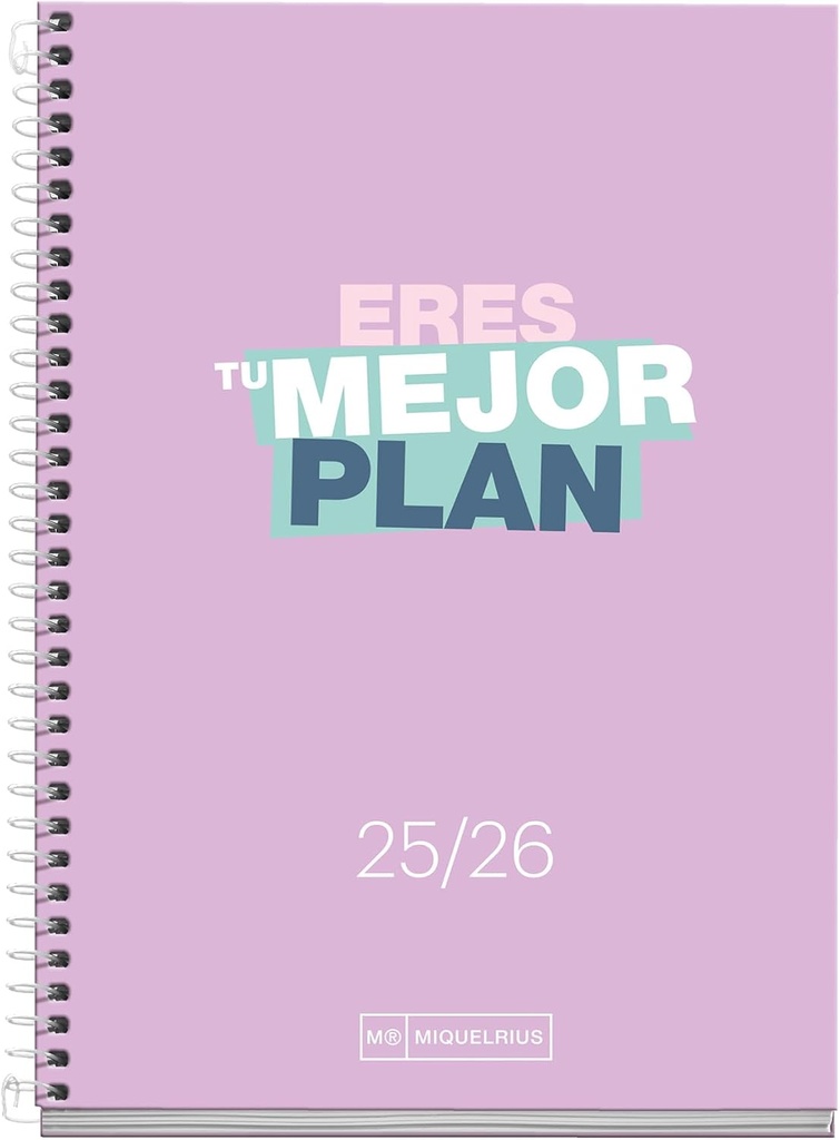 Agenda Escolar 25-26, Planificación 10 meses: de Septiembre 2025 a Junio 2026, Tamaño 117 x 174 mm, Día Página, Cubierta de Cartón Forrado, Espiral Metálico Blanco, Español-Inglés Miquelrius