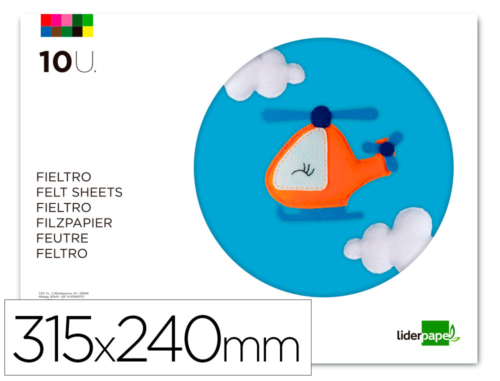 Bloc fieltro 240x315mm 10 hojas colores surtidos.