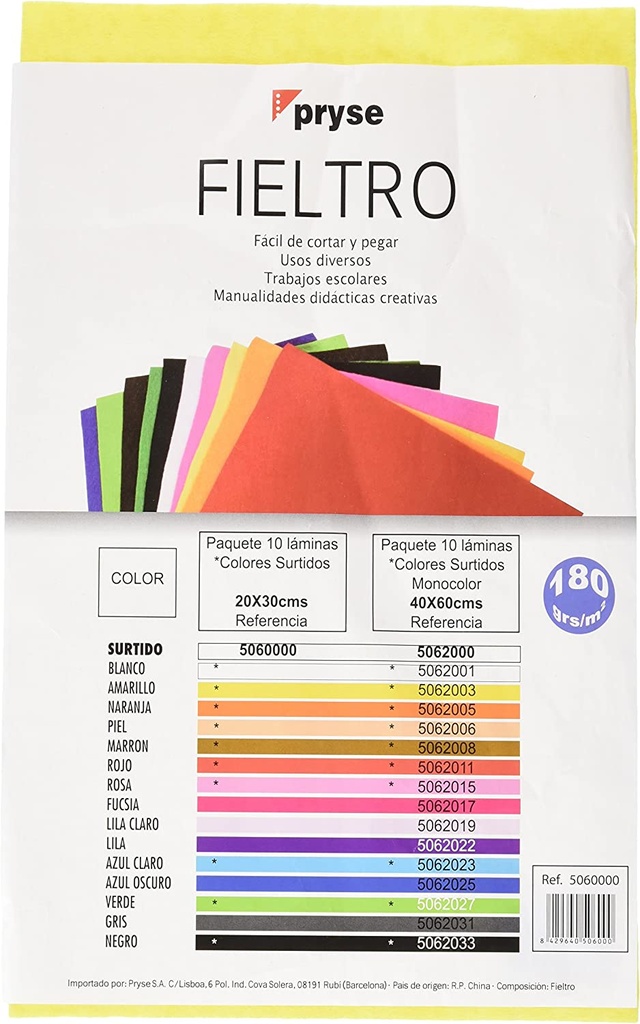 Bloc fieltro 20x30cm 10 hojas colores surtidos